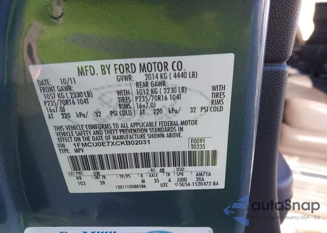 2012 Ford Escape Limited z USA, uszkodzony, nr VIN 1FMCU0E7XCKB02031